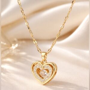 18K Gold Plated Heart Pendant Necklace — Stainless Steel, Double Layer, NWT